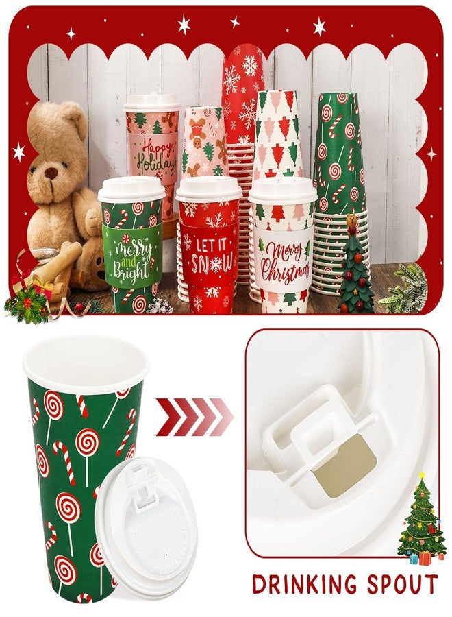 JarThenaAMCS 100 Sets 16oz Christmas Disposable Coffee Cups With Lids And Sleeves Festive Xmas Design Paper Drinking Cups For Winter Home Office Party Supplies - Image 3